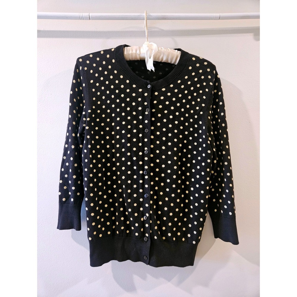 Ellen Tracy Womens Polka Dot Cardigan Sweater Black Cream Preppy‎ Academia Small
